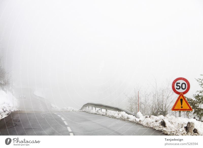 Snow Fog Street Crossroads Lanes & trails Emphasis Speed limit Road marking Notice Winter Groomed Signage Transport Fogged over Ground fog Colour photo