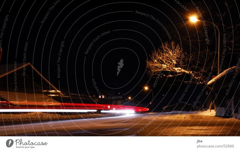 Long-term again Long exposure Light Red White Street lighting Tree Winter Night Dark Speed Branch