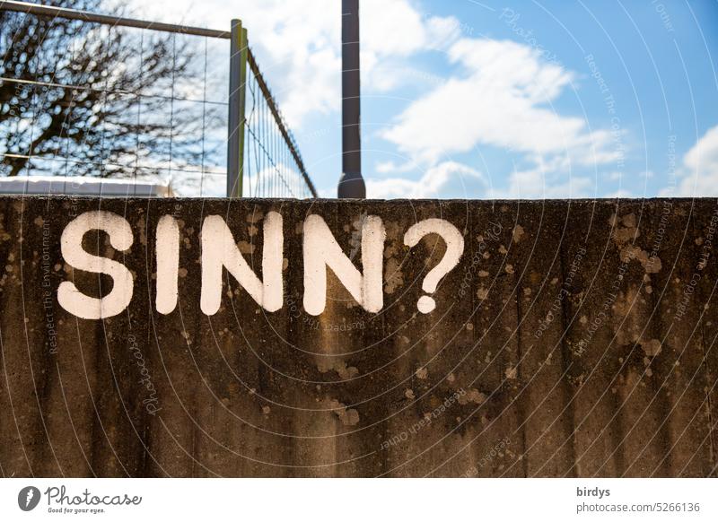 Question of meaning on a concrete wall question of meaning Meaning ? asking Perplexed Perplexity Insecure Characters Word Question mark individual