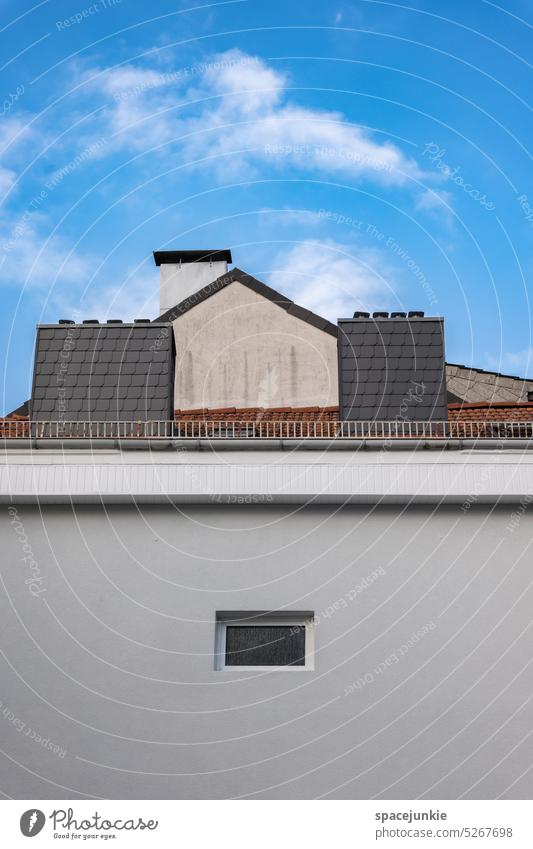 The window to the courtyard House (Residential Structure) Clouds Sky Building Chimney outlook upstairs Roof Skylight Lonely Loneliness Whimsical Humor