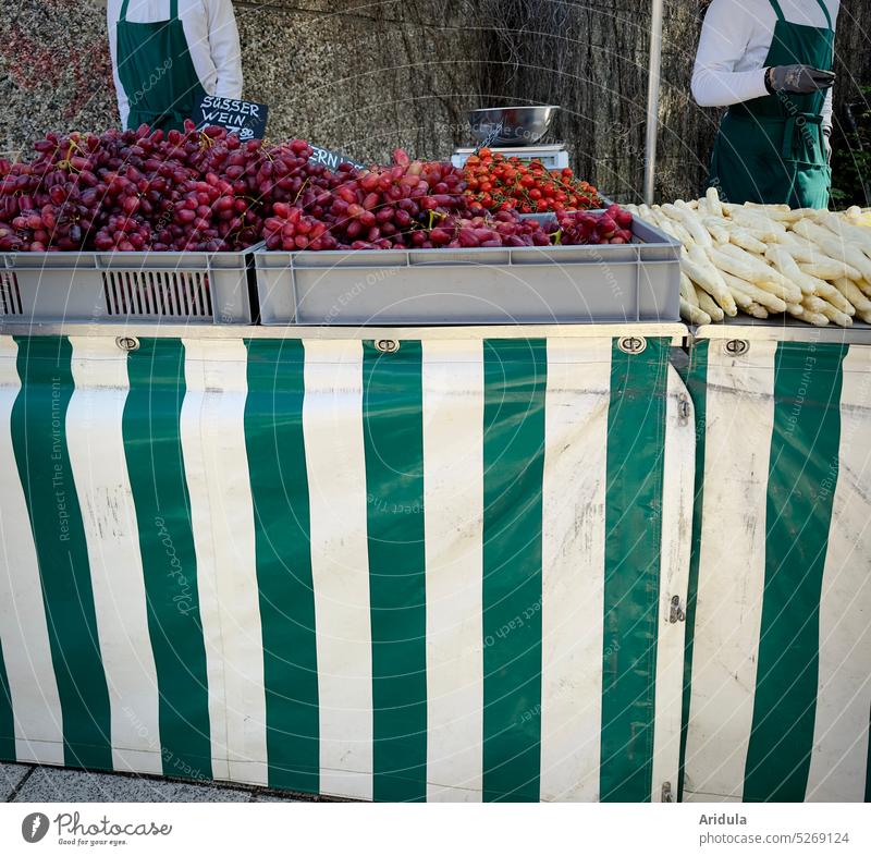 Grapes and asparagus at the market stall Markets Market stall fruit Vegetable Food Fresh Farmer's market Bunch of grapes Asparagus Nutrition Delicious Eating