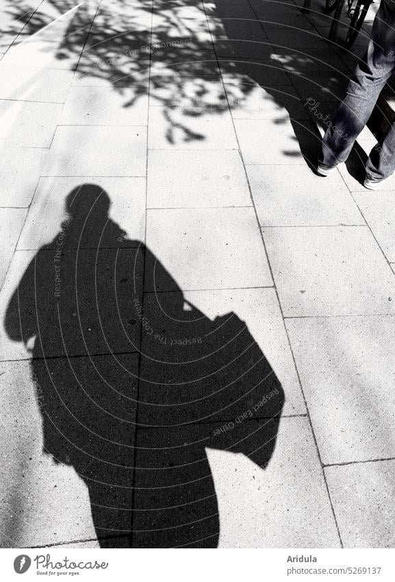 Shadows on the sidewalk slabs people off Ground stones furrows Legs jeans Tree Sun shadow cast Asphalt Gray Street Lanes & trails Paving stone Town