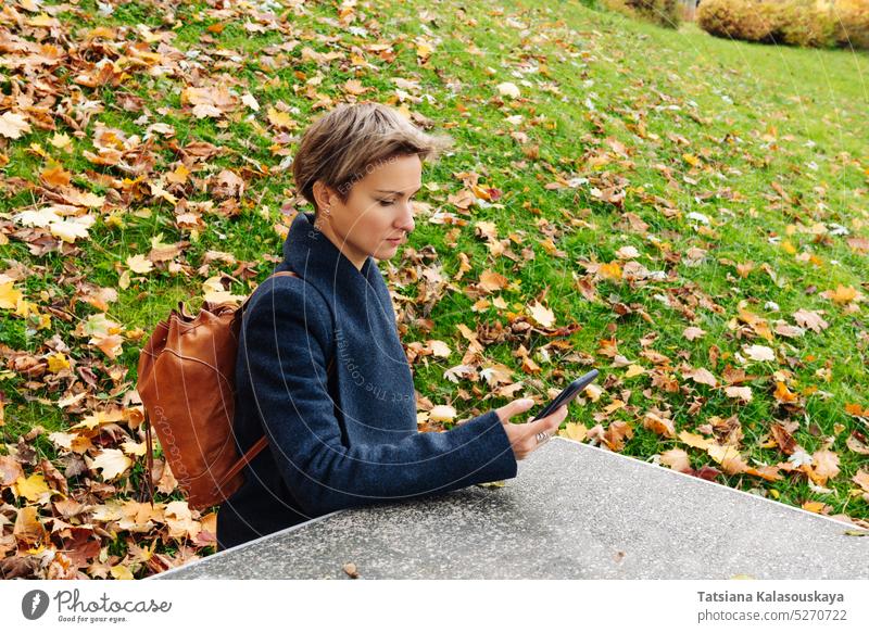 A woman looks at the screen of her phone sitting at a table in an autumn park. fall female adult mobile Blond mobile phone Using Watching Using phone Network