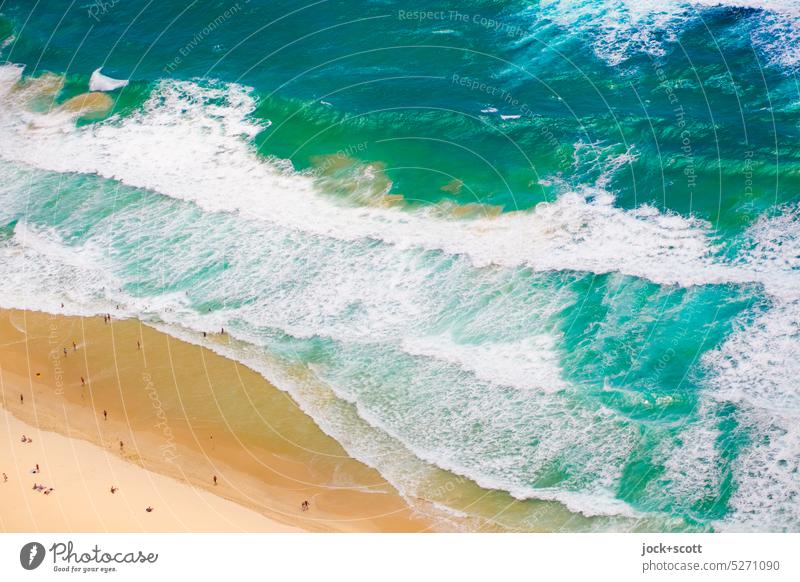 Day by the sea with foaming and roaring surf South Pacific Ocean Beach surf zone Crushing zone Run-off zone Bird's-eye view Waves Landscape Summer people