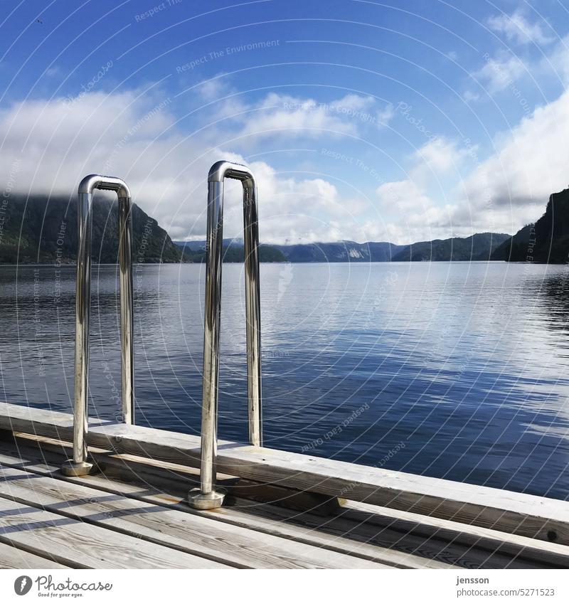 Bathing ladder on a rock swimming ladder Norway Skerry Summer warm Sunlight Nature Vacation & Travel Scandinavia Fjord Nordic Water Ocean Landscape