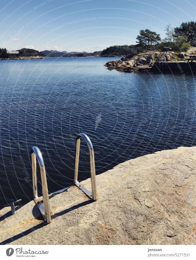 Bathing ladder on a rock swimming ladder Rock Norway Skerry archipelago garden Summer warm Sunlight Nature Vacation & Travel Scandinavia Fjord Nordic Water