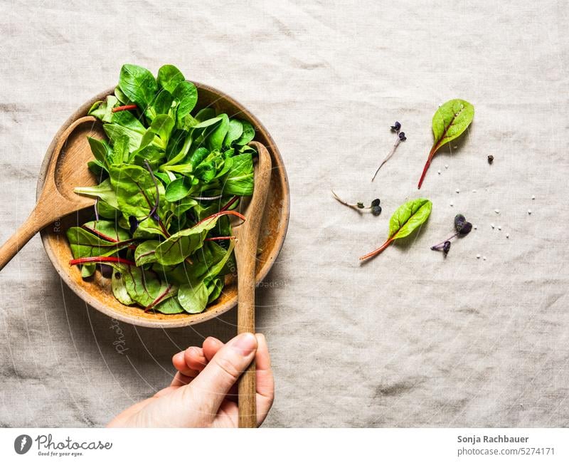 Hand with cutlery and a bowl of green salad. Top view. Lettuce Green Fresh Cutlery Wood Vegetable Food Nutrition Vegetarian diet Organic produce Colour photo