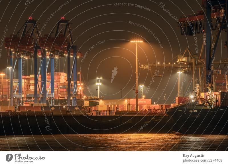 Container gantry cranes on the Elbe Elbufer Hamburg Port of Hamburg Maritime Harbour Navigation Berth night shift Container ships Museum ships Crane