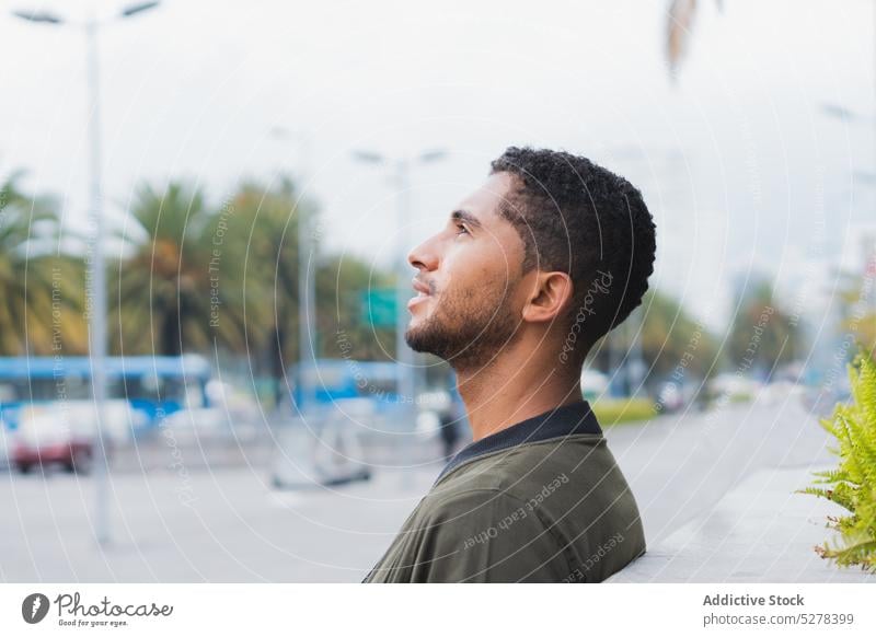 Ethnic latin man leaning on all on the street stand palm city urban style male ethnic casual modern building serious trendy contemplate town confident tropical