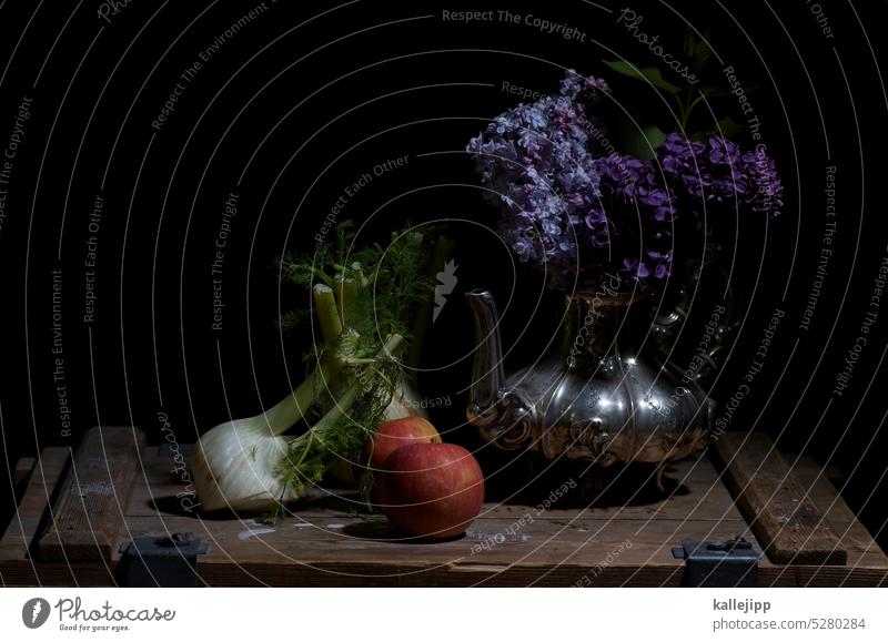 Apple harvest in spring Vase can Silver Silverware Wooden box Painting and drawing (object) apples Fennel still life Fruit Colour photo Deserted Healthy Food