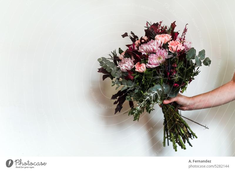 A hand with a bouquet of flowers in pink and burgundy tones. Silver eucalyptus, chrysanthemum, carnation, peony and blue bait. Concept of giving flowers. Special occasions