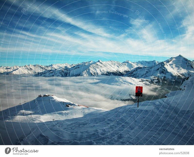 winter wonderland Sky Clouds Mountain Hilltop Valley Snow Fog Ski run Signs and labeling Winter Cold Vacation & Travel Austria Zillertal Königsleiten Ski resort