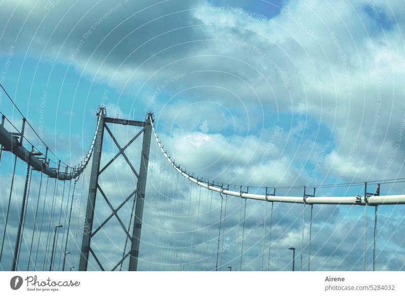 always striving Suspension bridge Bridge Steel Blue Structures and shapes Wire cable Gray Metal steel framework steel braces Aspire flexed Steel construction