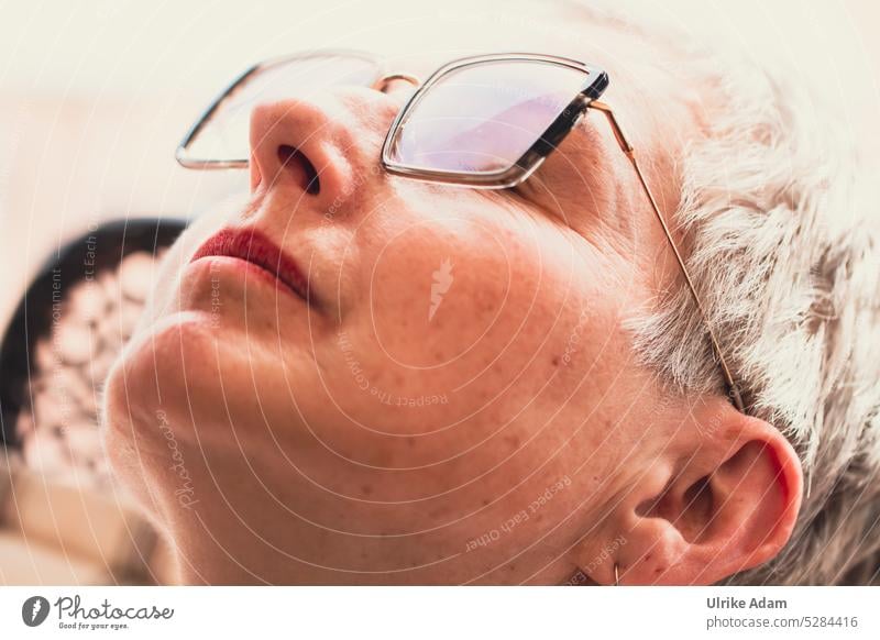 MainFux | A break is a must! Woman portrait Short-haired earring Chic Adults pretty Feminine Human being atmospheric warm Meditative Eyeglasses Gray-haired