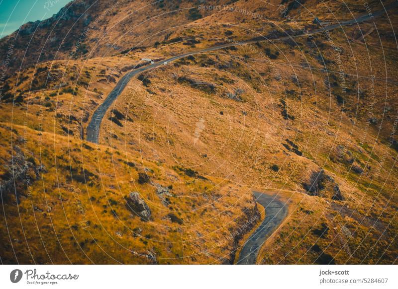 lonely and deserted summit road Landscape Street Nature Vantage point Curve serpentine Traffic infrastructure chain of hills Hill Hangings Summit Road