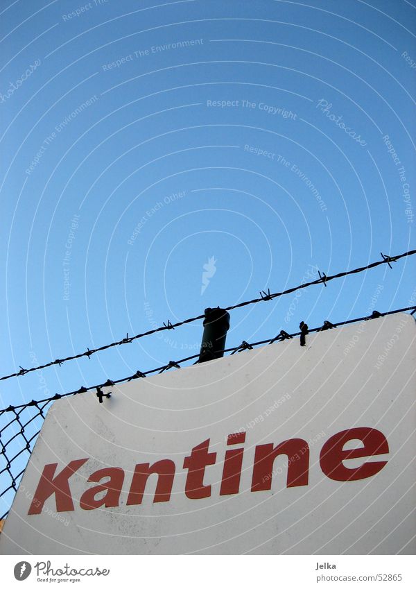 canteen Signs and labeling Uniqueness Barbed wire Fence Barbed wire fence Word Dining hall Colour photo Deserted Cafeteria Signage Red White Letters (alphabet)