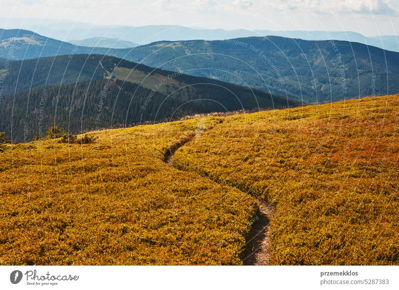 Mountain landscape. Scenic view of mountain peaks, slopes, hills and valleys covered with foggy slopes and valleys. Panoramic view nature trip vacation panorama