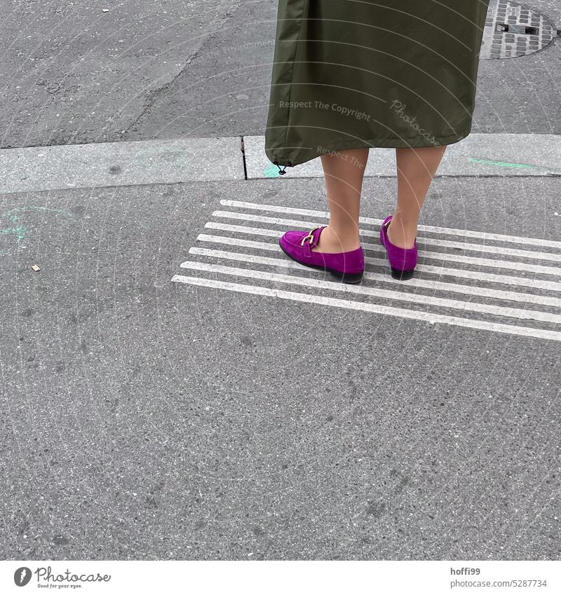 Purple shoes on white stripe waiting purple Footwear Road traffic Stripe Traffic infrastructure Exterior shot Line Asphalt White Street Transport Lanes & trails