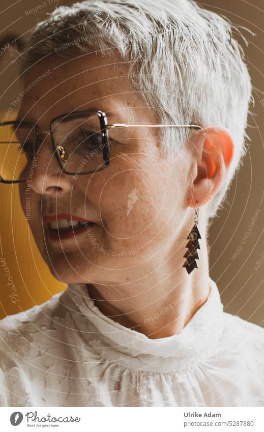 MainFux | Side Profile Gray-haired Elegant Eyeglasses white blouse Meditative warm atmospheric Human being portrait Feminine Fashion pretty Adults Chic Woman