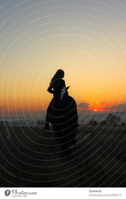 Girl on her horse at sunrise looks to the side Sunrise Sunrise - Dawn Sunlight Silhouette Horse Ride The Ruhr Eating Animal Nature silent morning mood