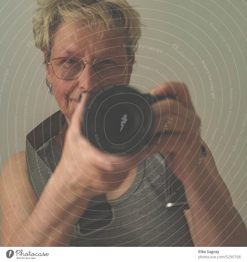 Self portrait in front of mirror with camera Woman Face Eyes Hair and hairstyles pretty Detail Blonde Feminine Nose Skin Head Looking