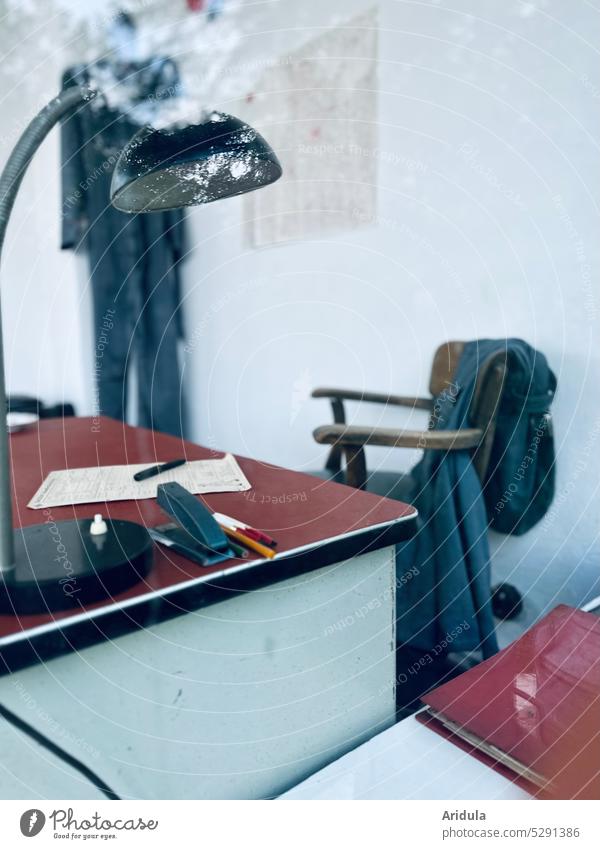 View through the window | 50 workshop office Desk Office Empty Table Chair Lamp Desk lamp documents pens file Stapler Blue overalls Workshop Petrol station