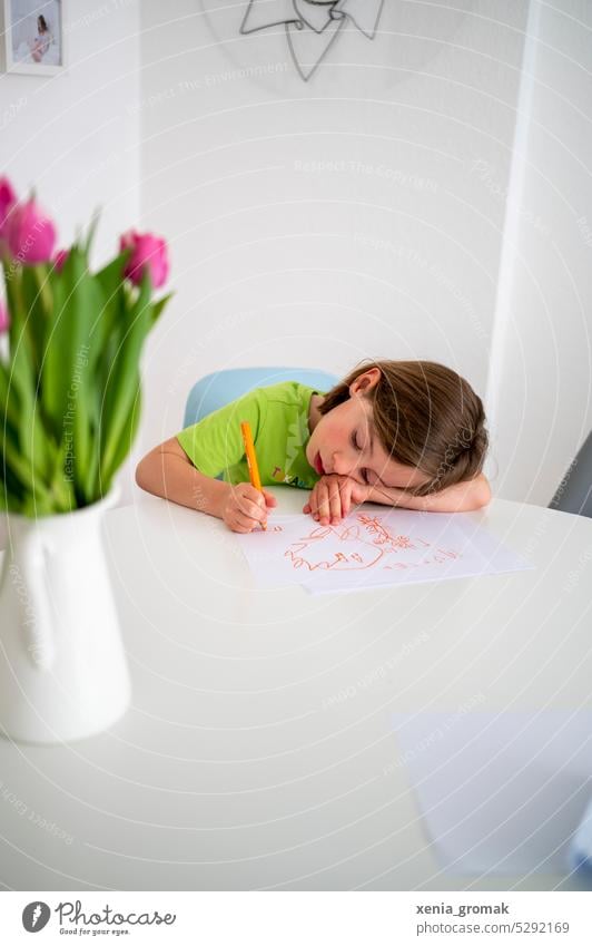 A child sits at the table and paints Child Infancy Schoolchild preschool child Study Painting (action, artwork) tired Parenting Education Write Creativity