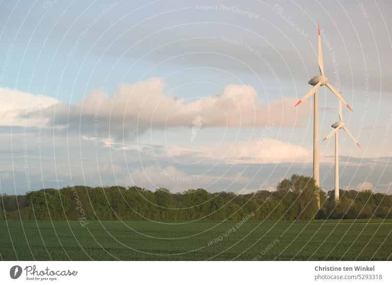 Two wind turbines in the light of the evening sun Wind turbines Energy crisis Technology Renewable wind power Energy industry Renewable energy windmills stream