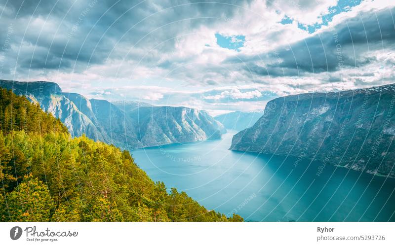 Sogn And Fjordane Fjord, Norway. Amazing Summer Scenic View Of Sogn Og Fjordane. Famous Norwegian Landmark And Popular Destination In Summer Day attraction