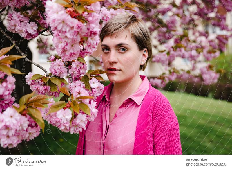 Under the cherry blossom (2) portrait Woman Young woman Cherry tree Cherry blossom Garden pretty Serene Pink Cardigan