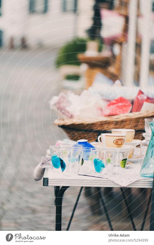 MainFux | Street sale in Seligenstadt am Main Alley Crockery cups Flea market House (Residential Structure) Old town Exterior shot Town Facade