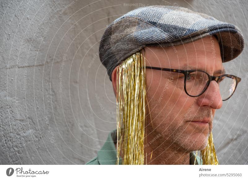 MainFux | goldrichtig portrait Man Looking Eyeglasses Face more adult Smiling eccentrically Earnest Demanding Cap Peaked cap Tinsel golden cute Long-haired