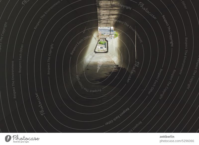 Tunnel to TXL Berlin Airport Airfield Spring Deserted Tegel hazy wide Light at the end of the tunnel Passage Access Dark Bridge Far-off places Trajectory