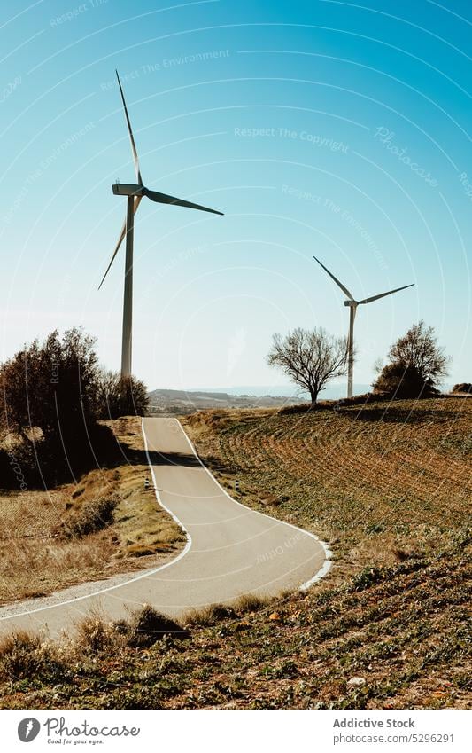 Windmills on countryside field near road wind turbine roadway alternative energy blue sky cloudless sky generator asphalt ecology innovation system production