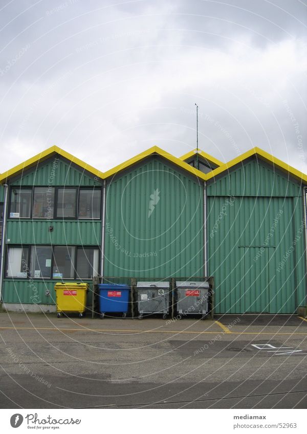 garbage Trash container Versatile House (Residential Structure) Pointed roof Clouds Trashy Arrangement