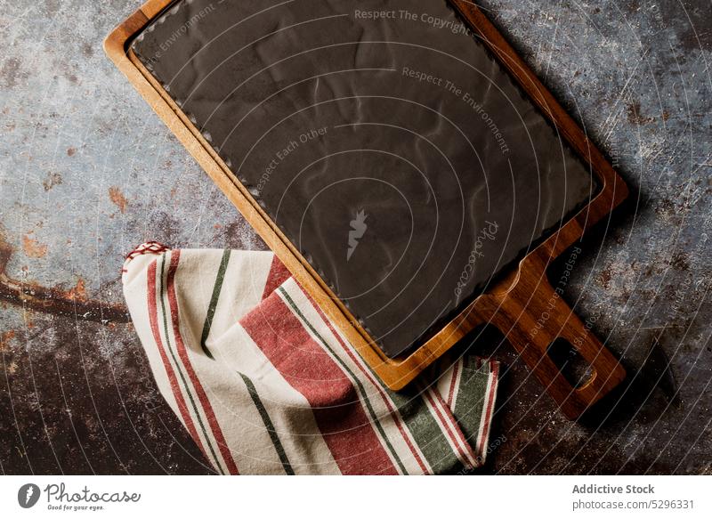 Empty slate board on concrete table black empty background blank dark texture chalk chalkboard blackboard stone space surface material gray pattern rustic