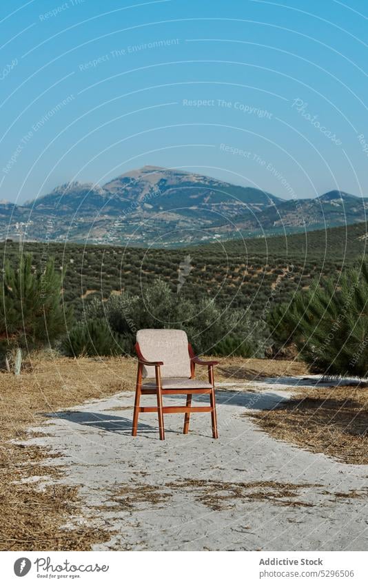 Wooden chair on sandy road nature wooden mountain forest environment pillow cloudless blue sky landscape daytime ground tree countryside hill sunlight peaceful