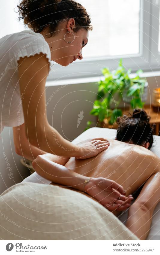 Masseuse massaging back of client at salon women relax massage masseur spa therapy therapist topless recovery relief rest procedure body care treat pleasure