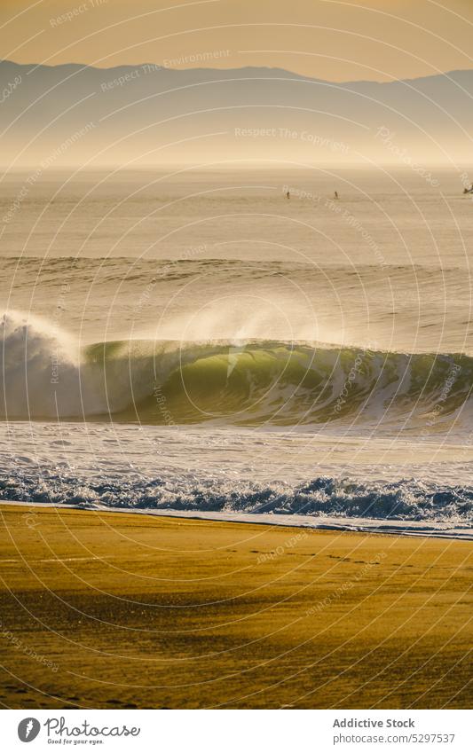 Majestic view of stormy waves in evening time sea sunset splash foam power sundown seascape ocean nature energy scenery scenic twilight sky dusk water crash