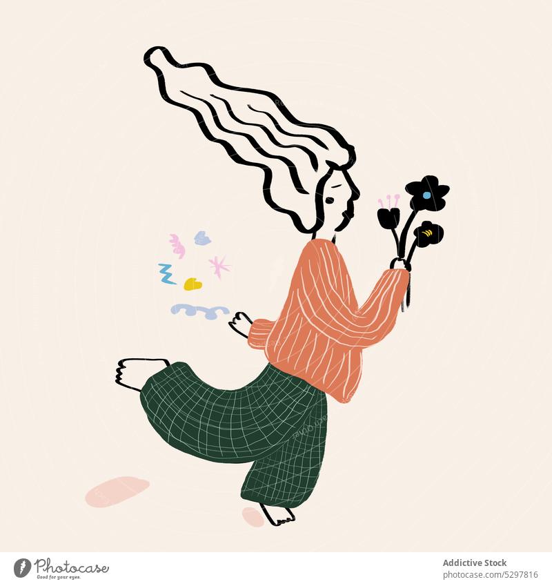 Vector illustration of happy woman with flowers vector bouquet run leg raised cartoon in love positive cheerful artwork optimist good mood casual stripe sweater