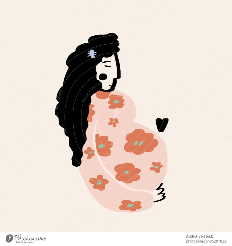 Vector illustration of pregnant woman touching belly vector touch belly expect baby carry maternal prenatal calm peaceful female flower print casual sweater