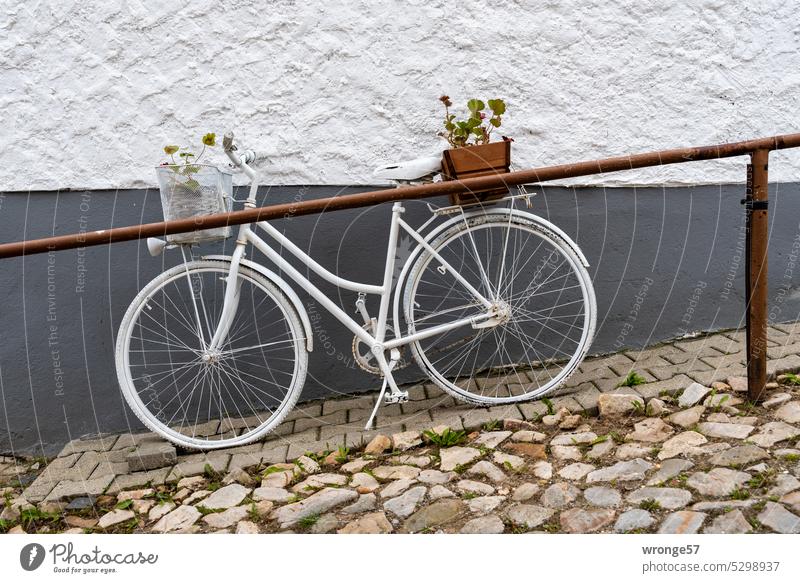 Ghost wheel in Langenstein Bicycle Window box planted green Parking lot Street art stationary traffic disused gradient Cobblestones Traffic infrastructure