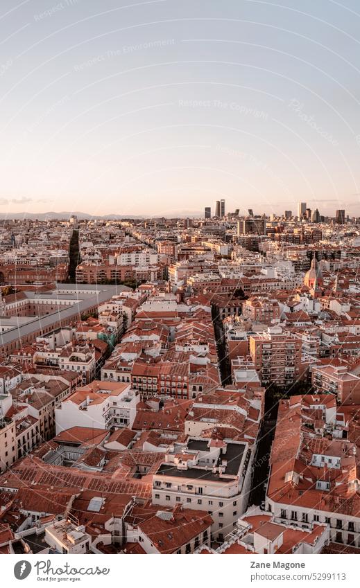 Sunset over Madrid, Spain, travel background aerial europe spain spain travel europe travel old town madrid background Vacation & Travel Exterior shot Tourism