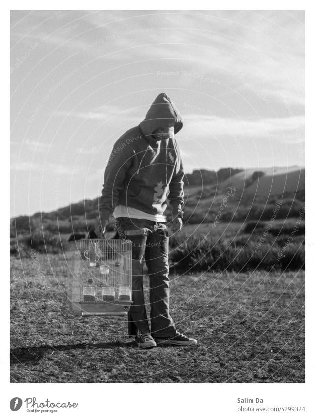 A man and his bird enjoying the nature Black & white photo black and white Black and white photography people outdoors Nature Bird nature lovers