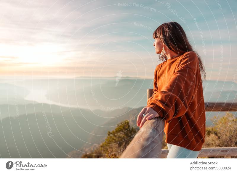 Woman admiring mountainous valley woman sunset traveler admire observe viewpoint highland landscape explore female picturesque sky vacation almatret catalonia