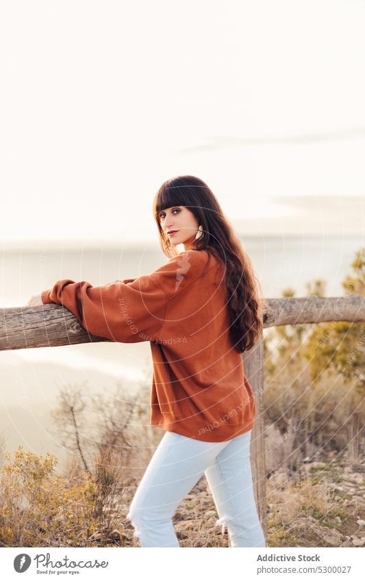 Woman admiring mountainous valley woman sunset traveler admire observe viewpoint highland landscape explore female picturesque sky vacation almatret catalonia