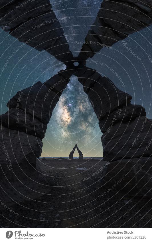 Rocky formation under milky way sky starry sightseeing astronomy rocky trip artic henge raufarhofn iceland europe scenic travel adventure location night