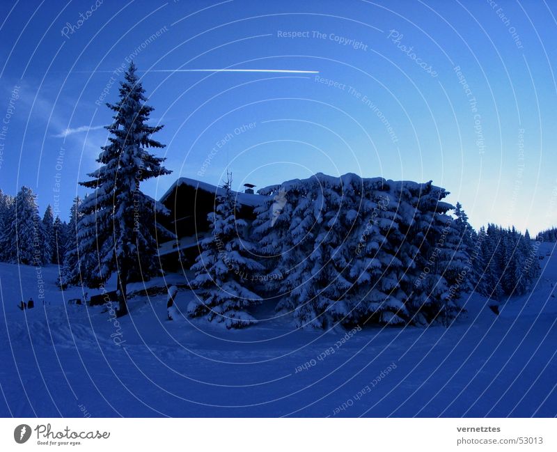 ski hut Fir tree Airplane Vapor trail Snow Sky Hut