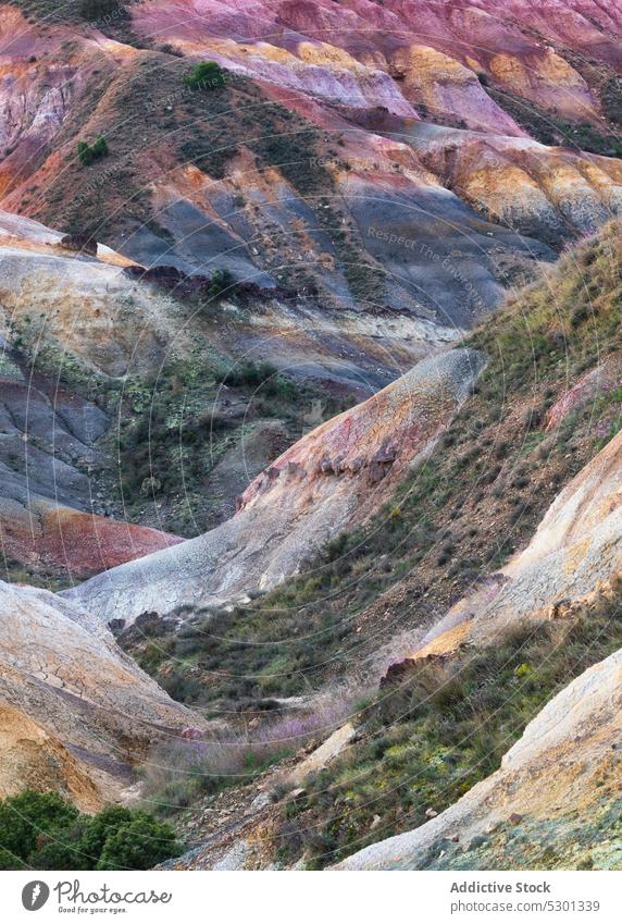 Canyon with rocky formations and plants nature mountain background grass hill scenery highland landscape environment picturesque colorful bright daylight valley