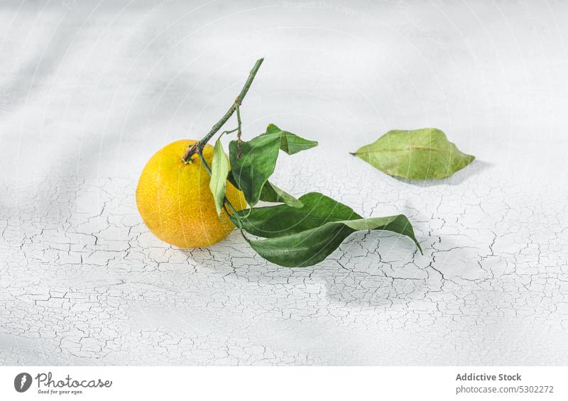 Orange mandarin on white table orange citrus tangerine verdant stem leaf leaves fruit meal food organic healthy raw fresh ripe juicy sweet vitamin natural